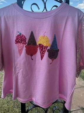 Women’s Pink Sequin Ice Cream Graphic Tee
